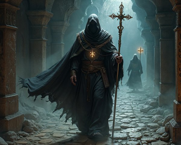 Ancient Corridor with Cloaked Figures and Mystical Light