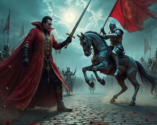Medieval Duel with Regal Figure and Knight on Horseback
