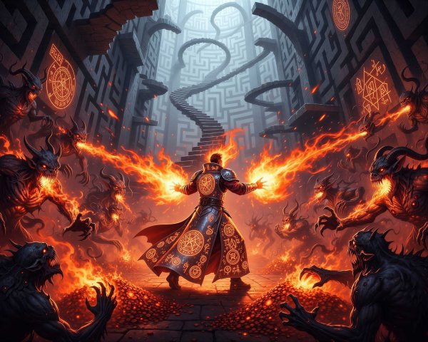 Mage Battling Monsters in a Fantasy Temple Setting