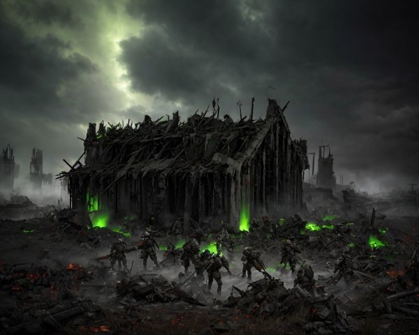 Dystopian Landscape with Soldiers and Ruined House