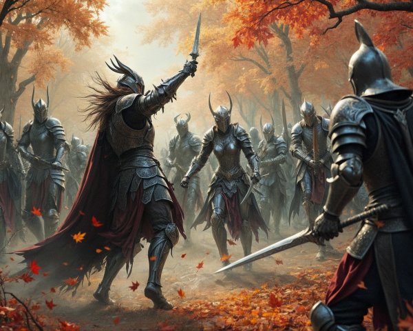 Autumn Forest Battle with Armored Warriors Clashing