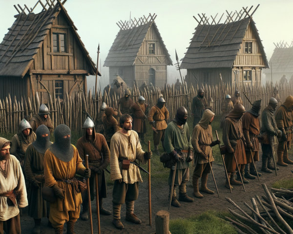 Medieval Warriors in Misty Landscape with Rustic Houses