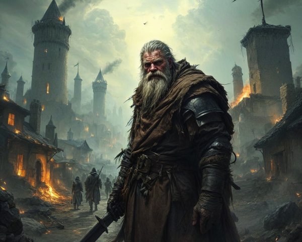 Medieval Warrior in Dark Landscape with Turbulent Sky