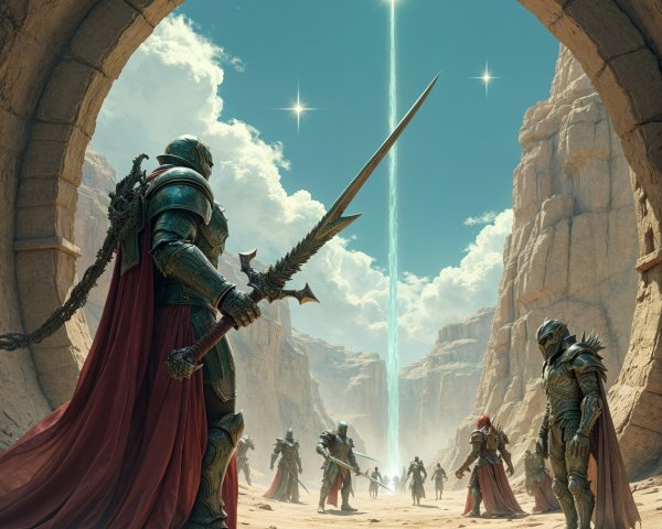 Armored Warriors in a Canyon Landscape with Light