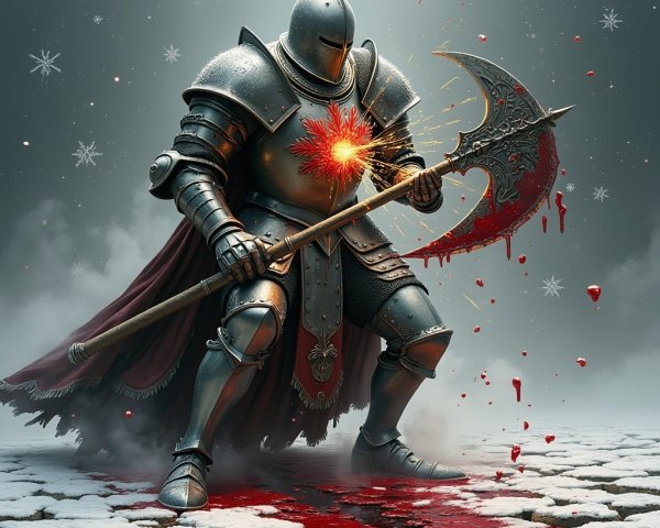 Heroic Knight in Armor with Battle Axe in Snowy Scene