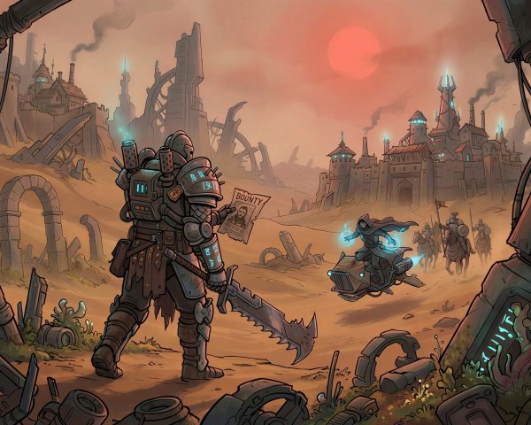 Steampunk Warrior in Vibrant Desert Landscape