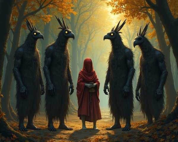 Cloaked Figure in Enchanted Autumn Forest with Creatures
