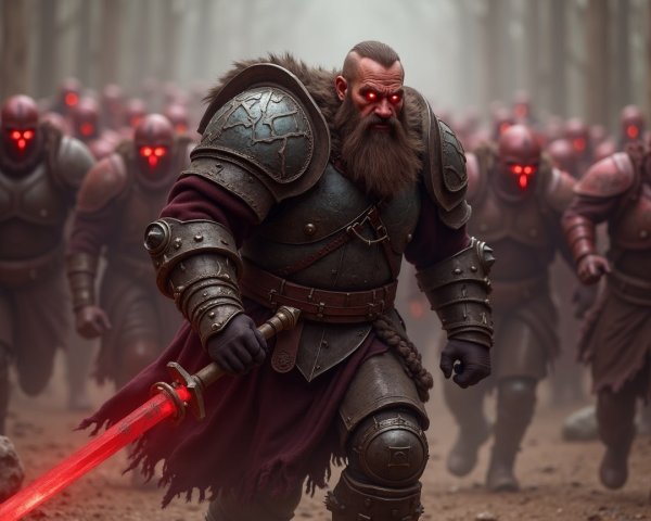 Warrior with Armored Soldiers in Misty Forest Scene