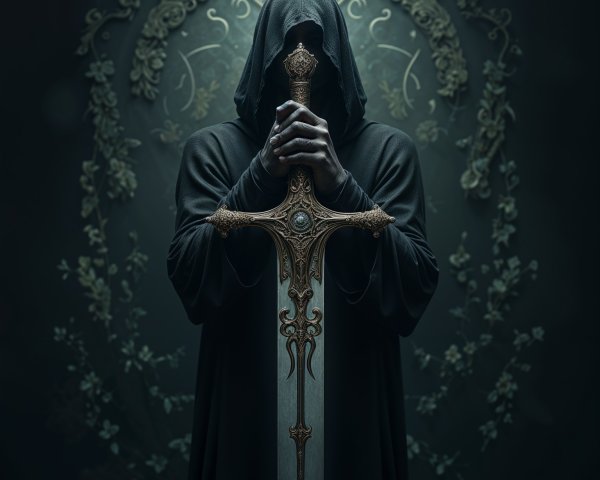 Cloaked Figure with Ornate Sword in Mysterious Setting