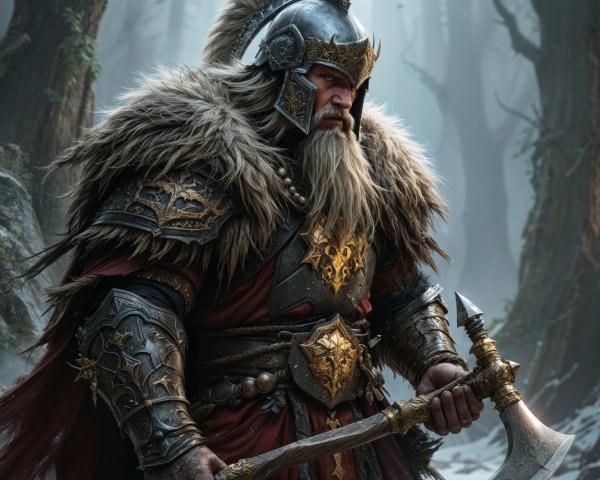 Warrior in Ornate Armor in Misty Forest Setting