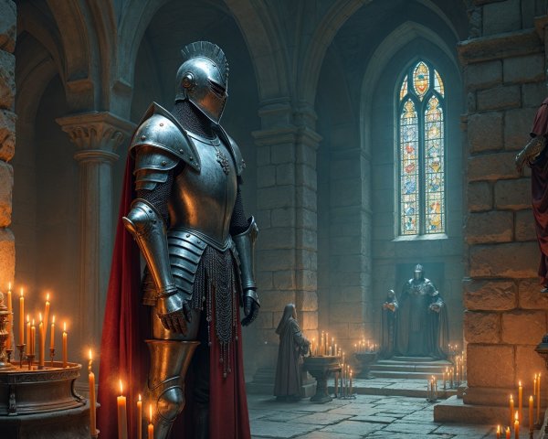 Knight in Armor in Dimly Lit Cathedral Setting