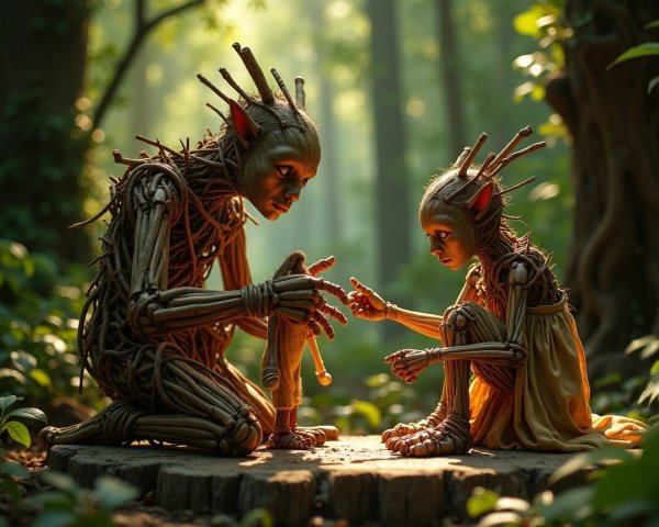 Whimsical Humanoid Figures in a Mystical Forest
