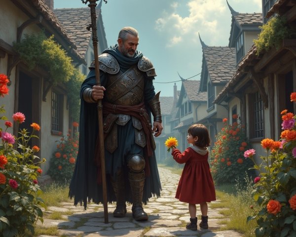 Knight in Armor with Girl on Cobblestone Street