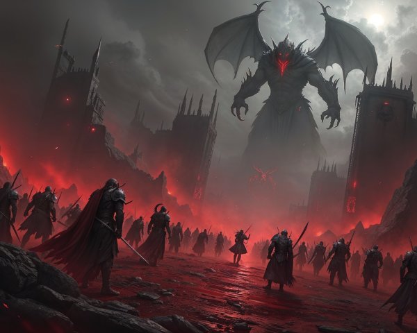Dark Landscape with Winged Creature Over Fortress