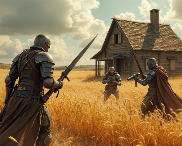 Knights in Armor Confrontation in Wheat Field