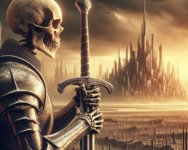 Skeletal Warrior in Armor Against Distant Fortress