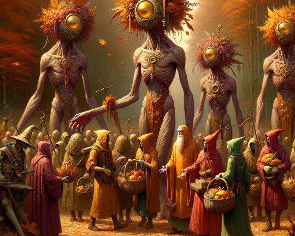 Humanoid Figures Overseeing Gathering in Autumn Forest