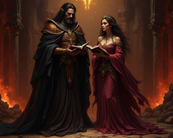 Powerful Figures in Dark Armor and Red Gown Amid Ruins