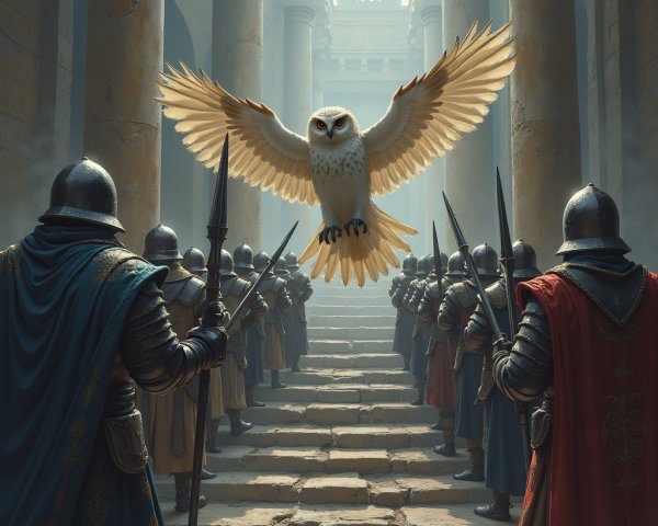 Majestic Owl Soars Over Ancient Courtyard with Guards