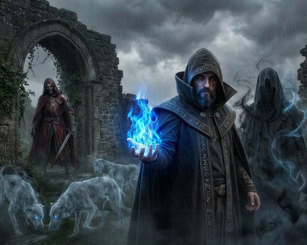 Fantasy Digital Painting of Dark Wizard and Spectral Dogs