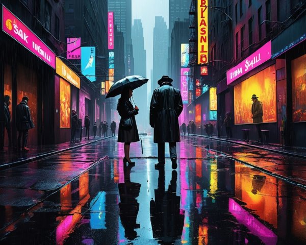 Rainy Urban Street Scene with Figures Under Umbrella