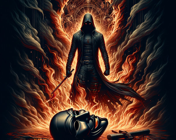 Cloaked Figure in Flames with Sword and Glowing Design