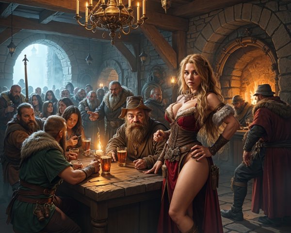 Medieval Tavern Scene with Patrons and Rustic Decor