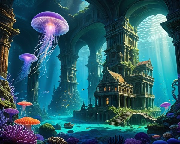 Underwater Scene with Ancient Ruins and Coral Reefs