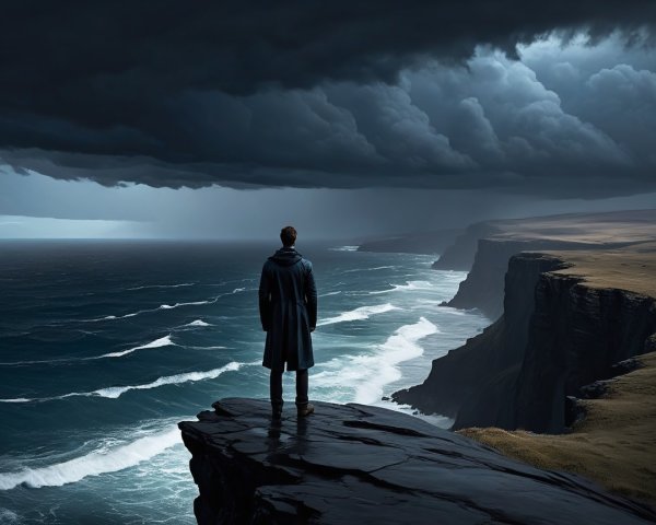 Solitary Figure on Cliff Overlooking Turbulent Sea