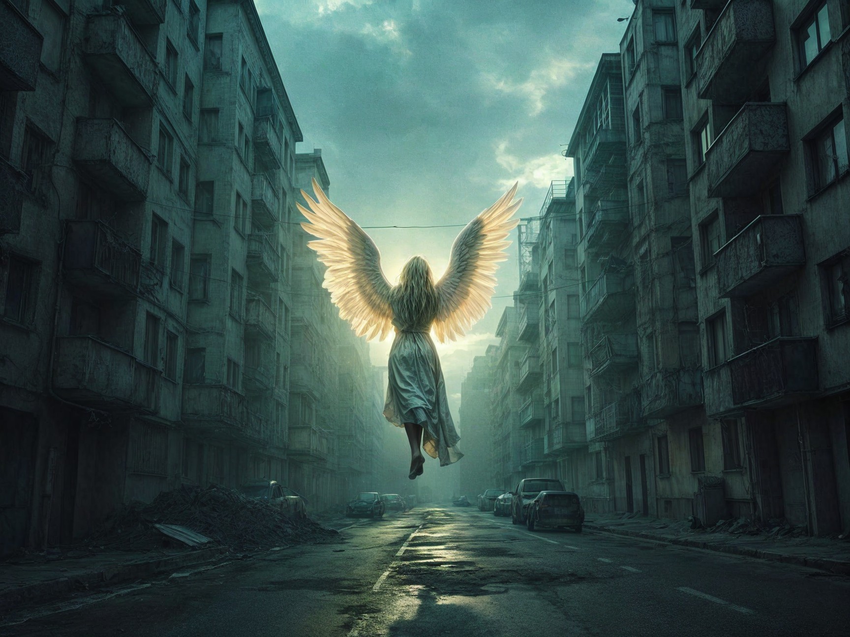 Ethereal Wings in a Misty Urban Landscape