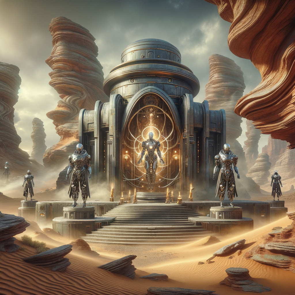 Futuristic temple amid red rock formations and dunes