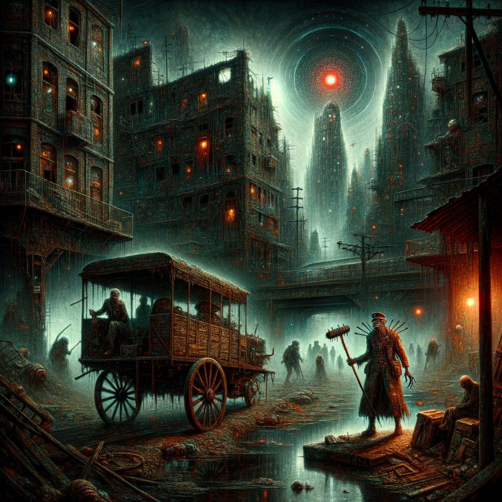 Desolate cityscape with eerie red light and shadows