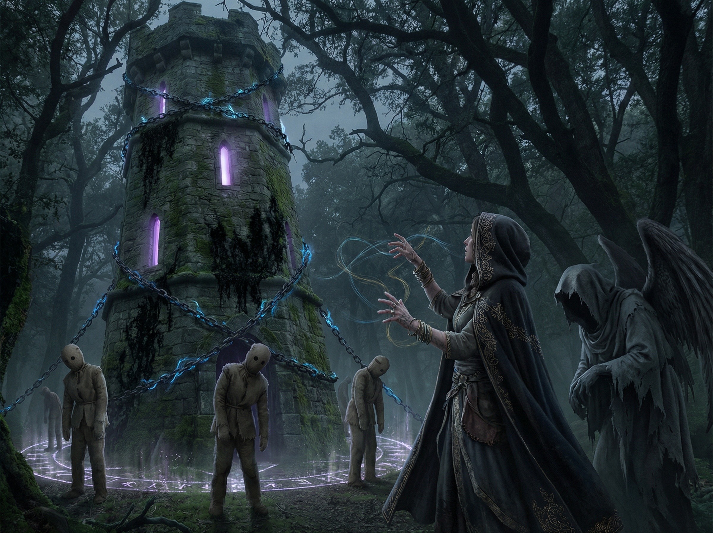 Dark Fantasy Scene with Tower and Sorceress