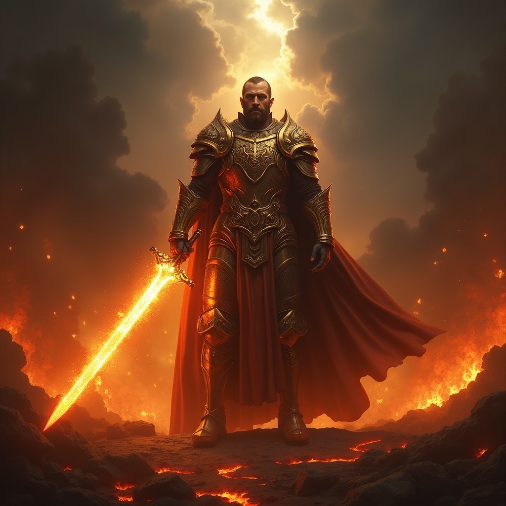 Warrior in Golden Armor on Molten Terrain with Sword