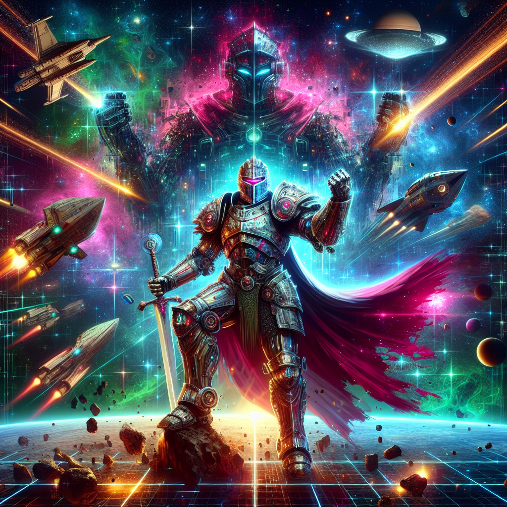 Futuristic knight in armor with cosmic backdrop and robots