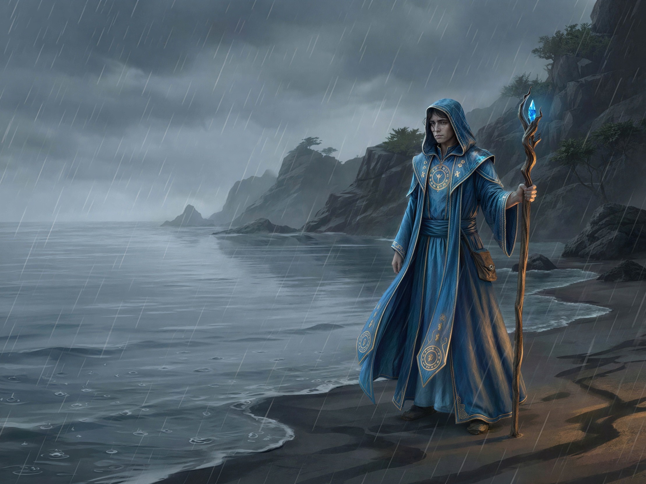 Full-body digital painting of a male sorcerer on beach