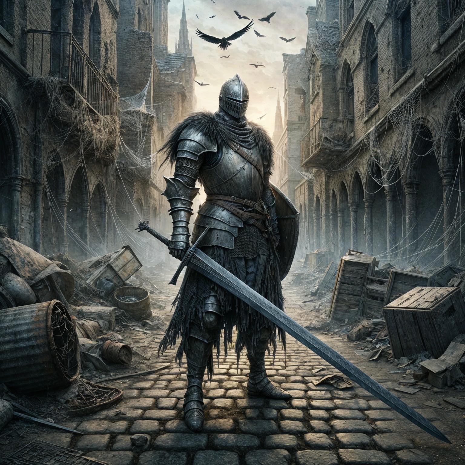 Knight in Weathered Armor on Abandoned Cobblestone Street