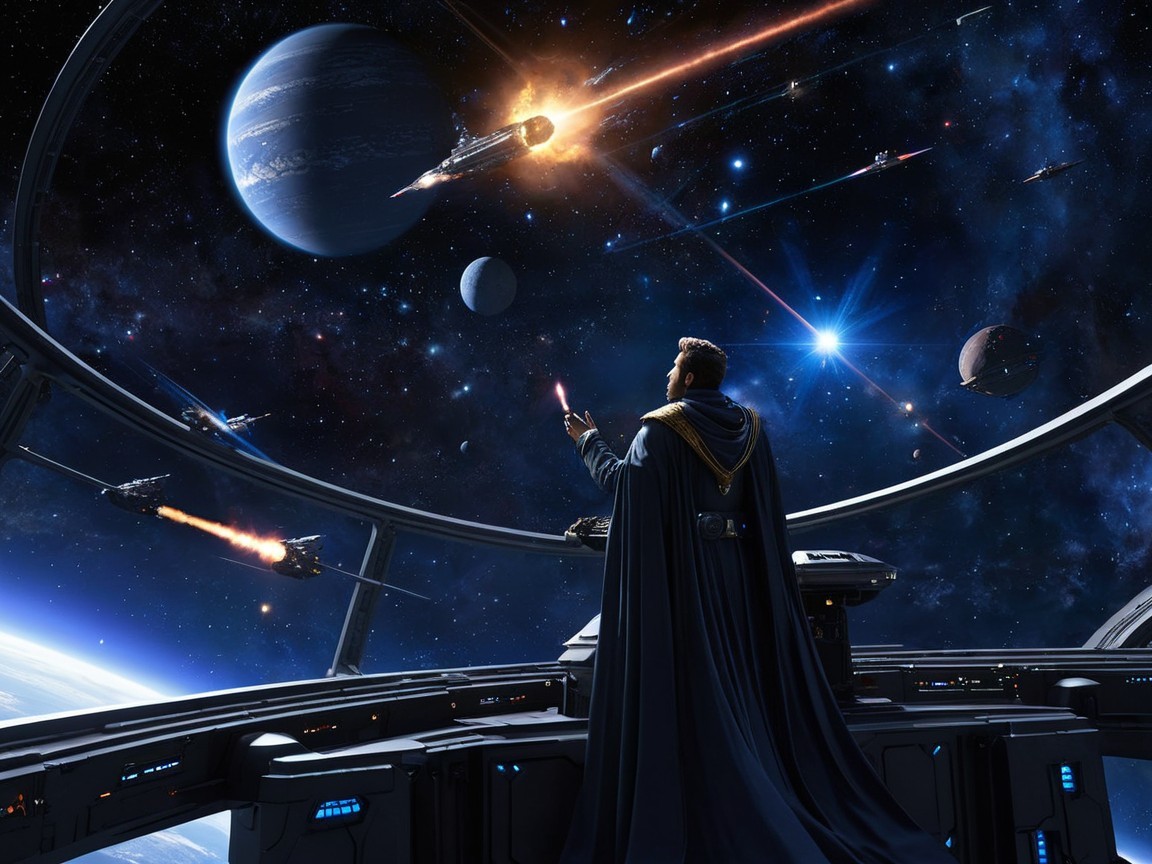 Futuristic Space Station Scene with Cosmic Battle