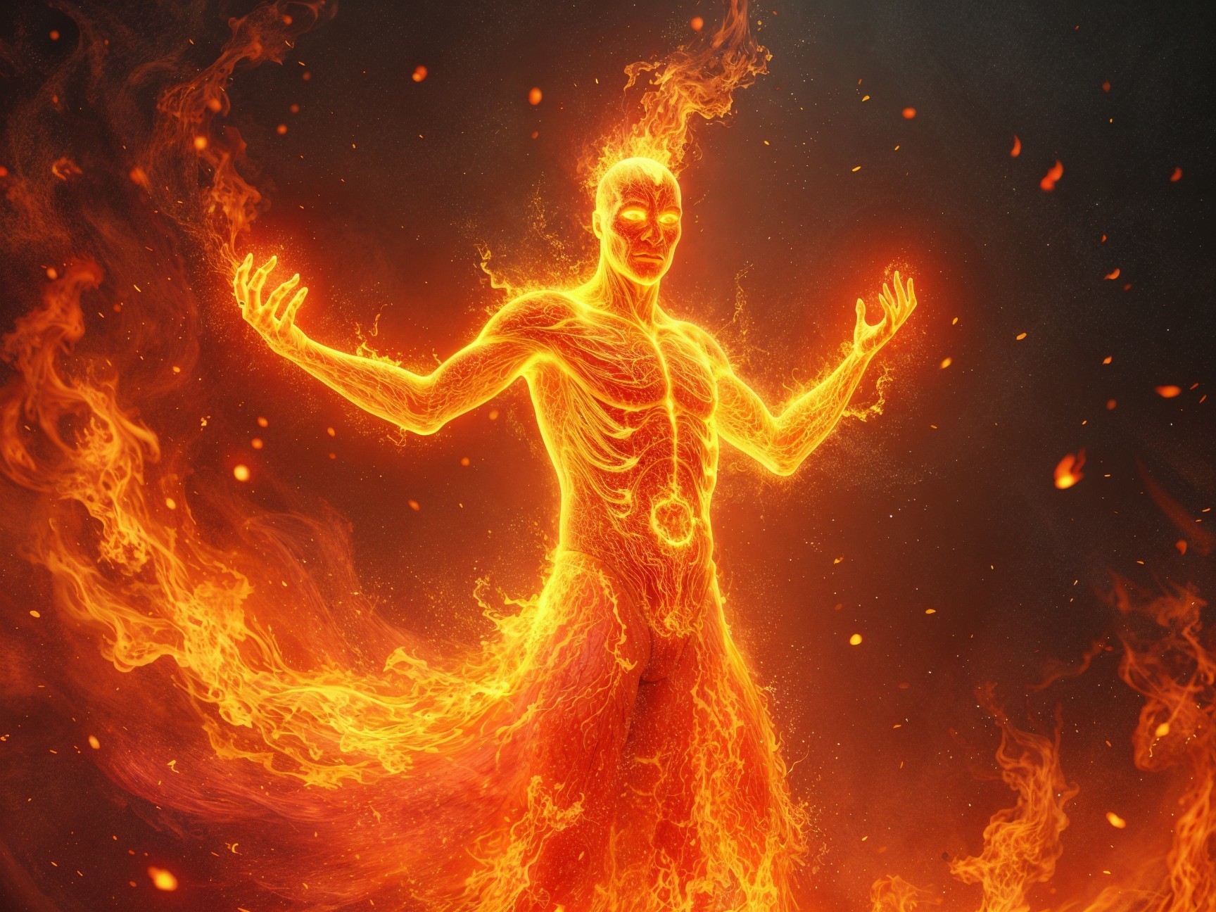 Fiery Figure Surrounded by Swirling Flames and Energy