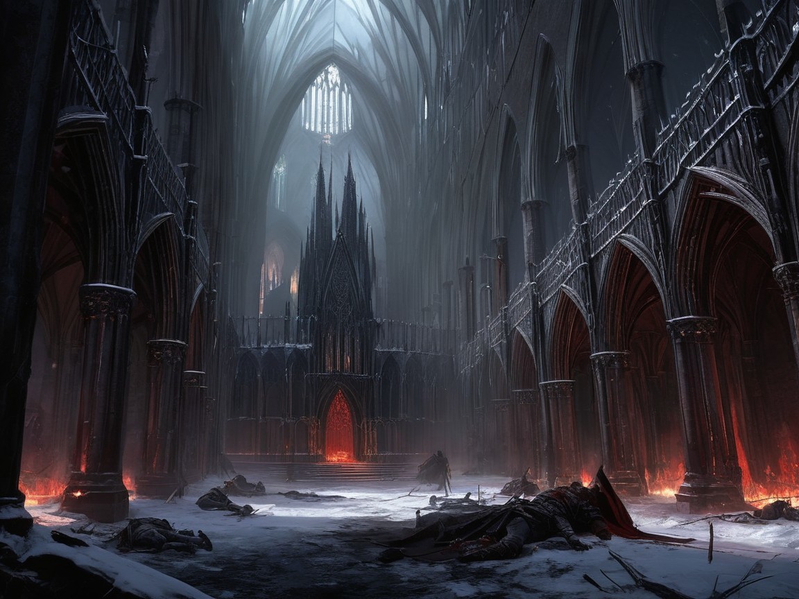 Gothic Cathedral with Snow and Flickering Flames
