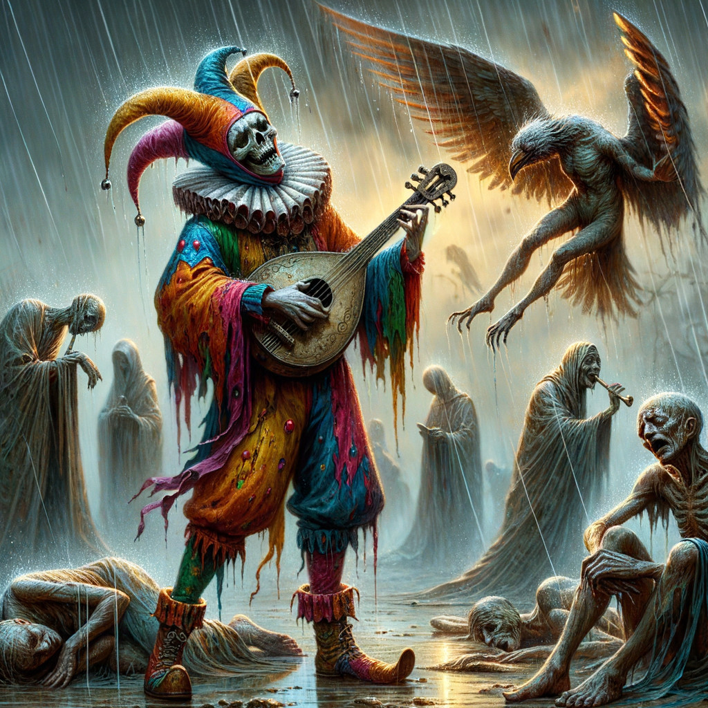 Skeletal Jester Playing Lute in Surreal Rain Scene