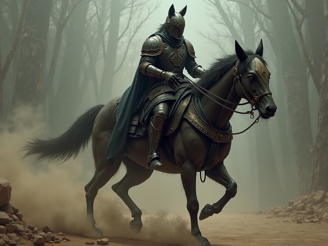 Knight in Armor Riding Through Misty Forest Landscape