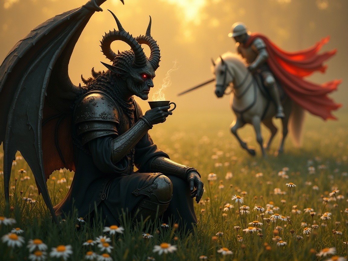 Demon in Armor with Knight in Misty Landscape