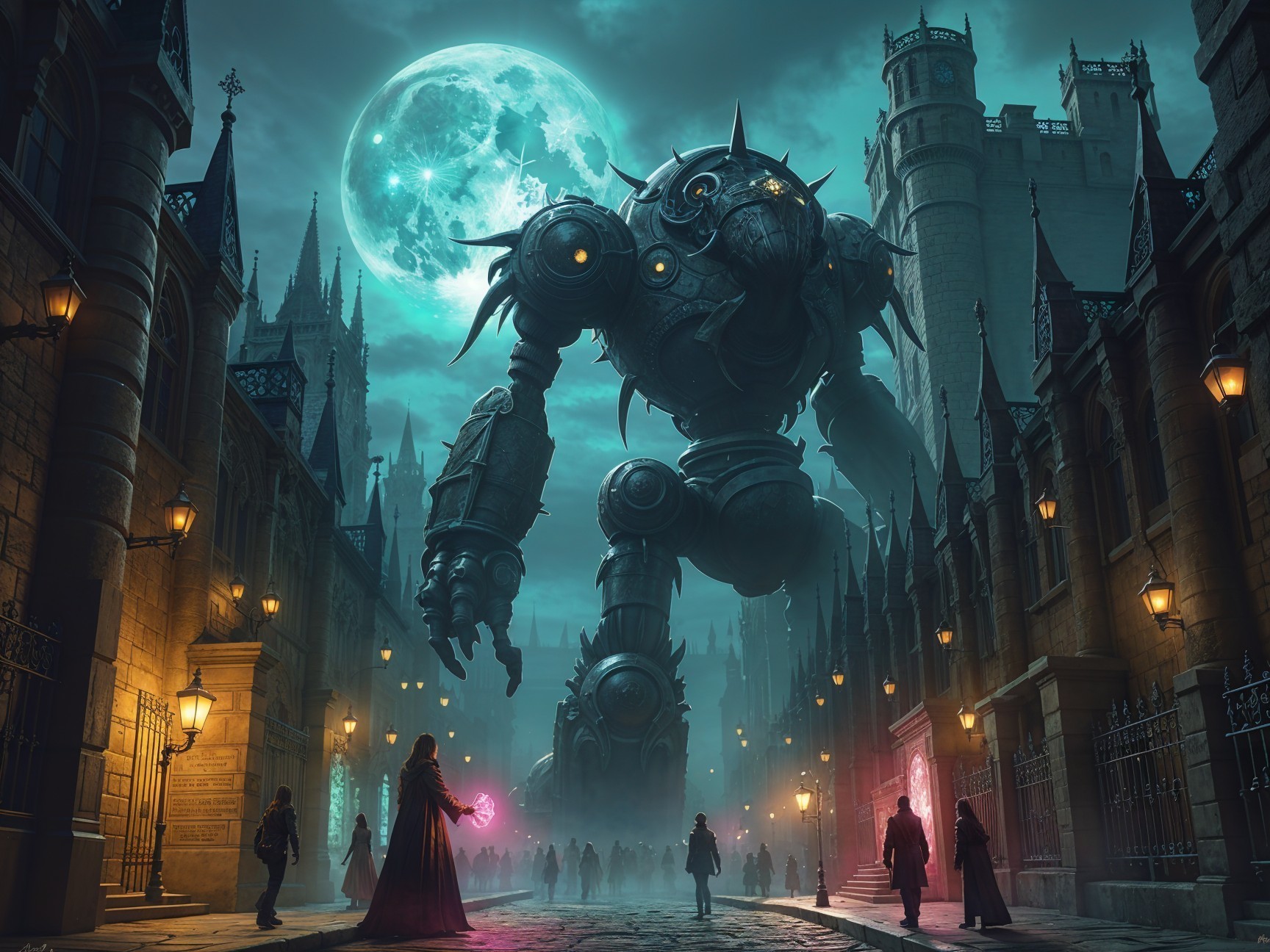 Colossal Mechanical Creature in Dark Cityscape