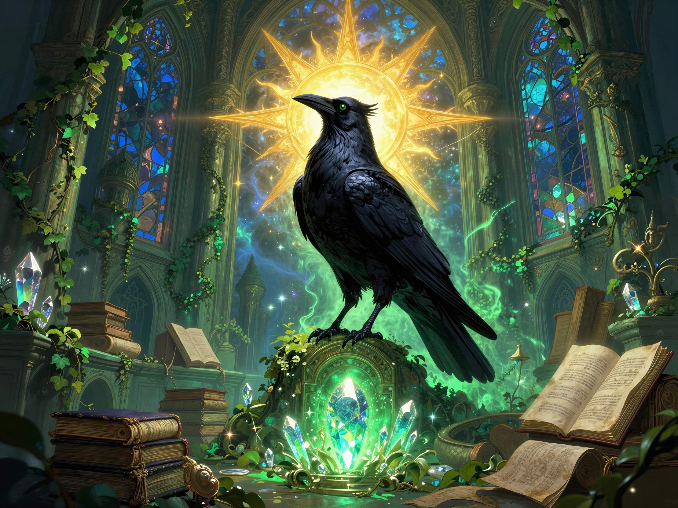 Raven on Green Crystal in an Ornate Overgrown Chamber