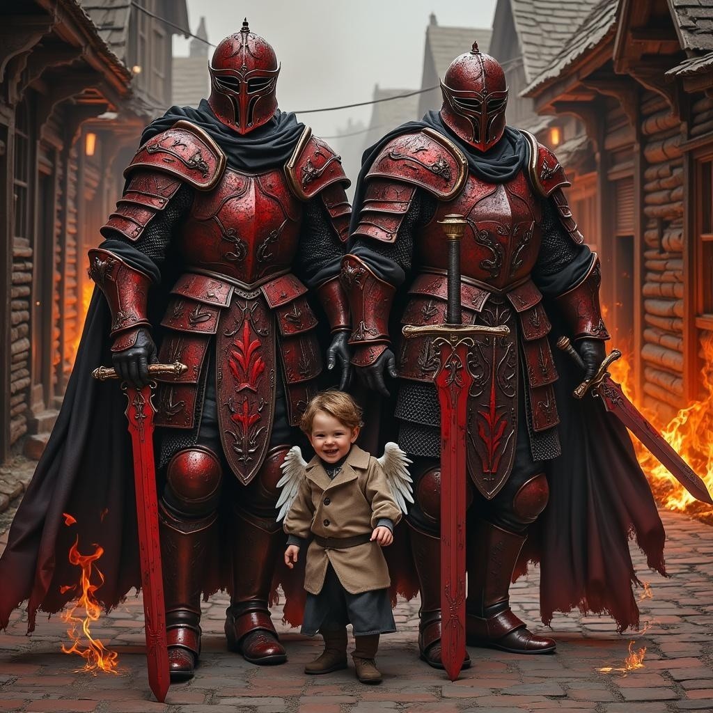 Knights in Red Armor with Child in Mystical Village