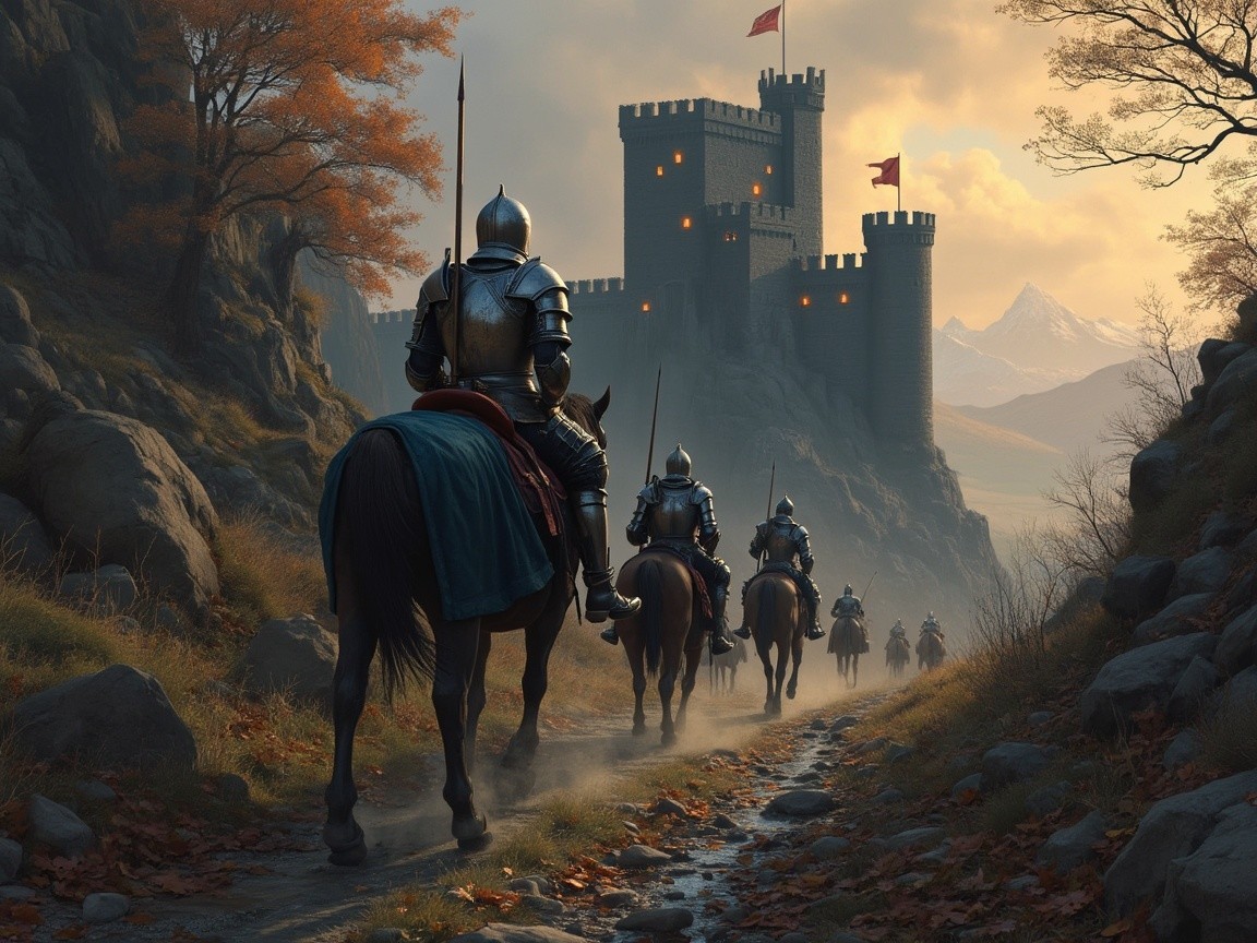 Armored Knights Journey to a Medieval Castle at Dusk