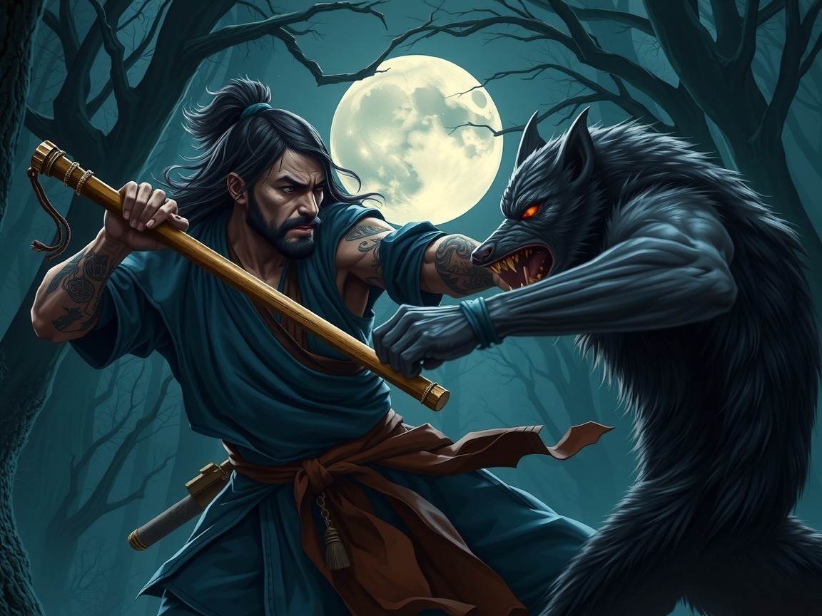 Warrior and Wolf Confrontation in Moonlit Forest