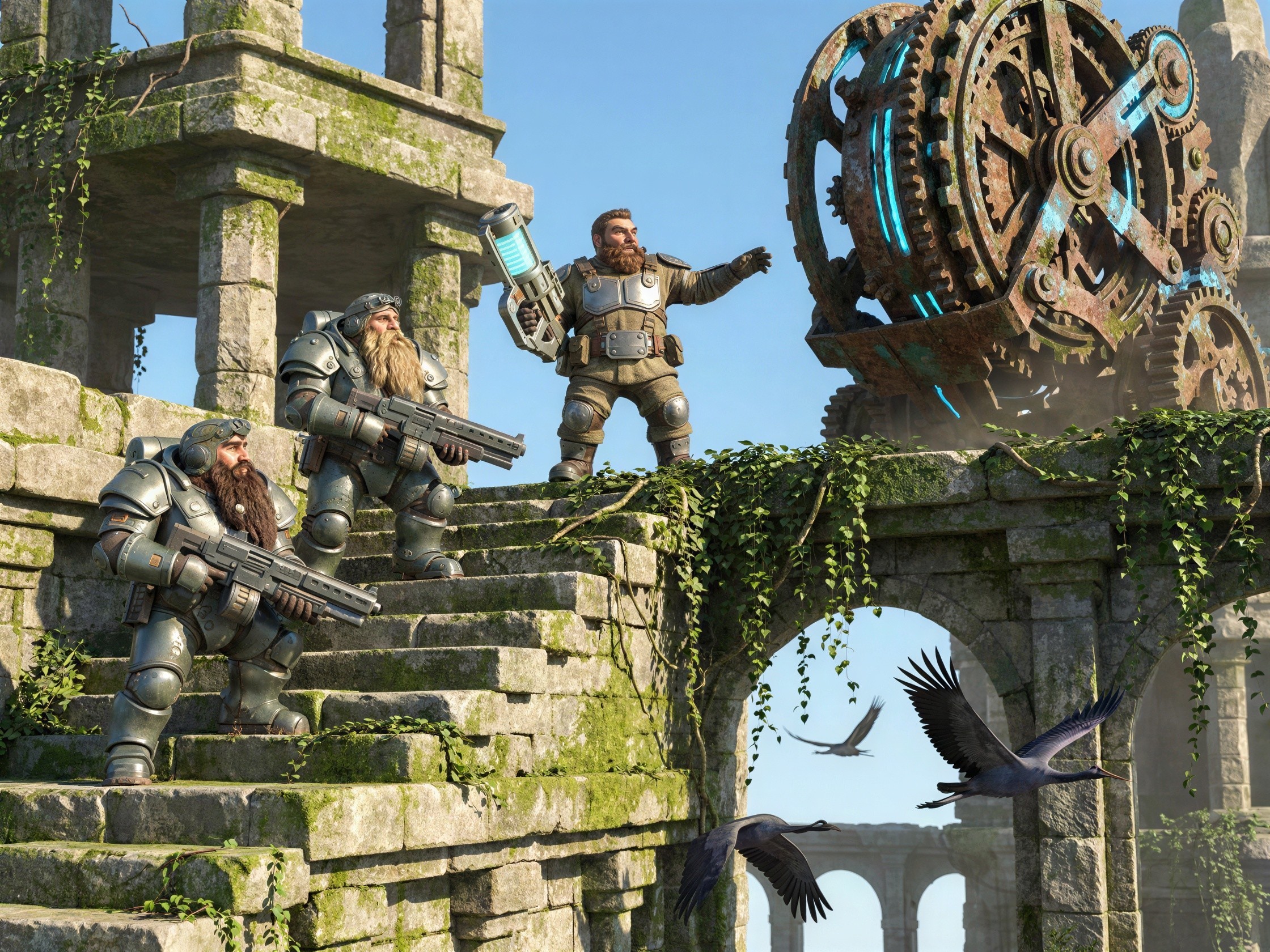 Dwarf-like Figures in Futuristic Armor on Stone Steps