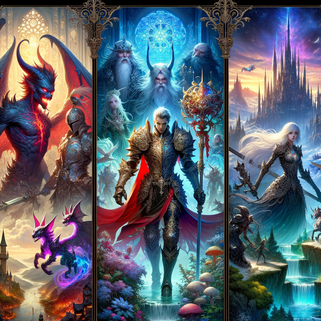 Fantasy Artwork with Central Armored Figure and Beings